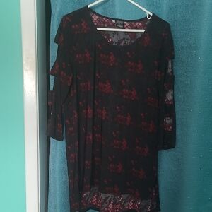 Black Tunic with Burgundy Patterned Accents - Women's Long Sleeve